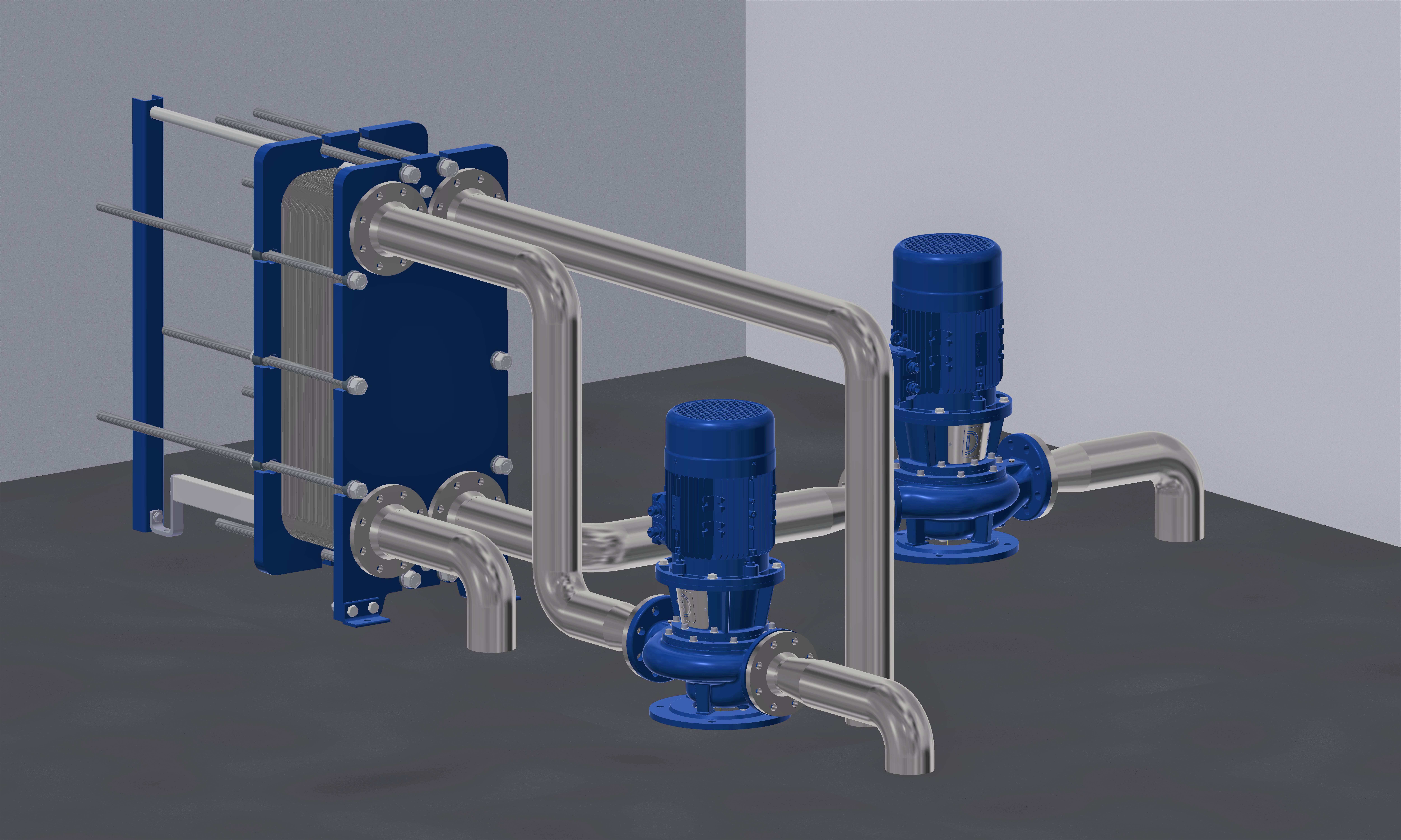 Plate heat exchanger unit with iinline pumps